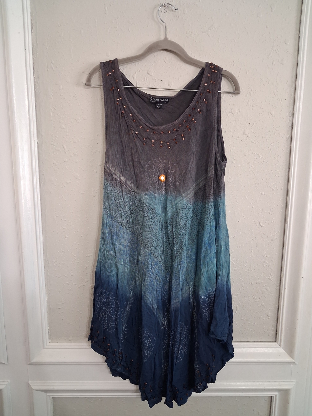 Vintage 90s linen type gauzy asymmetrical hem dress tie tye dye blues greens os